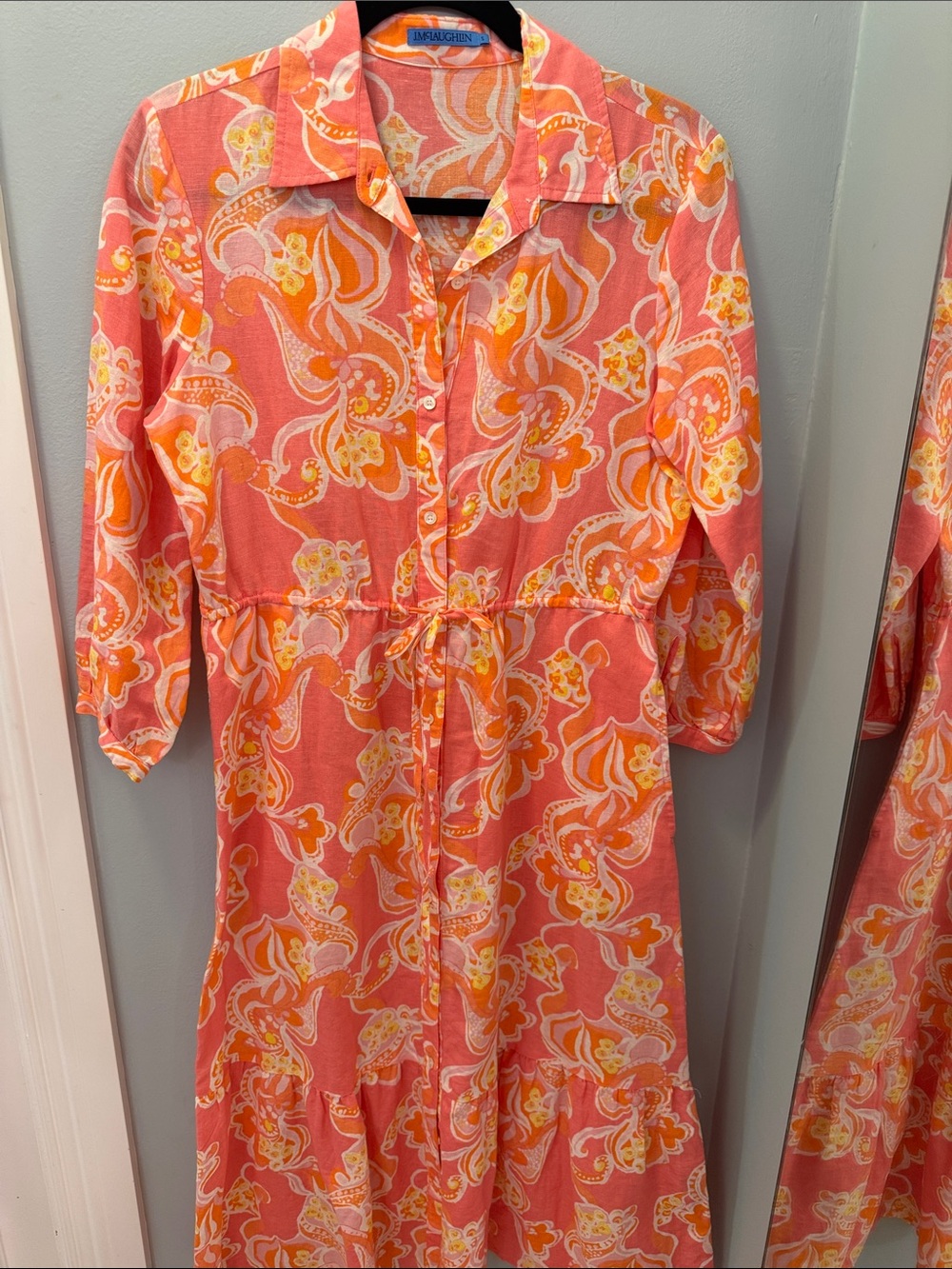 J. McLaughlin Coral, Yellow & White Paisley-esque Button-Front Maxi Dress